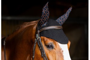 Tacante, bonnet pour cheval tricoté en forme noir et oreilles avec motif all-over